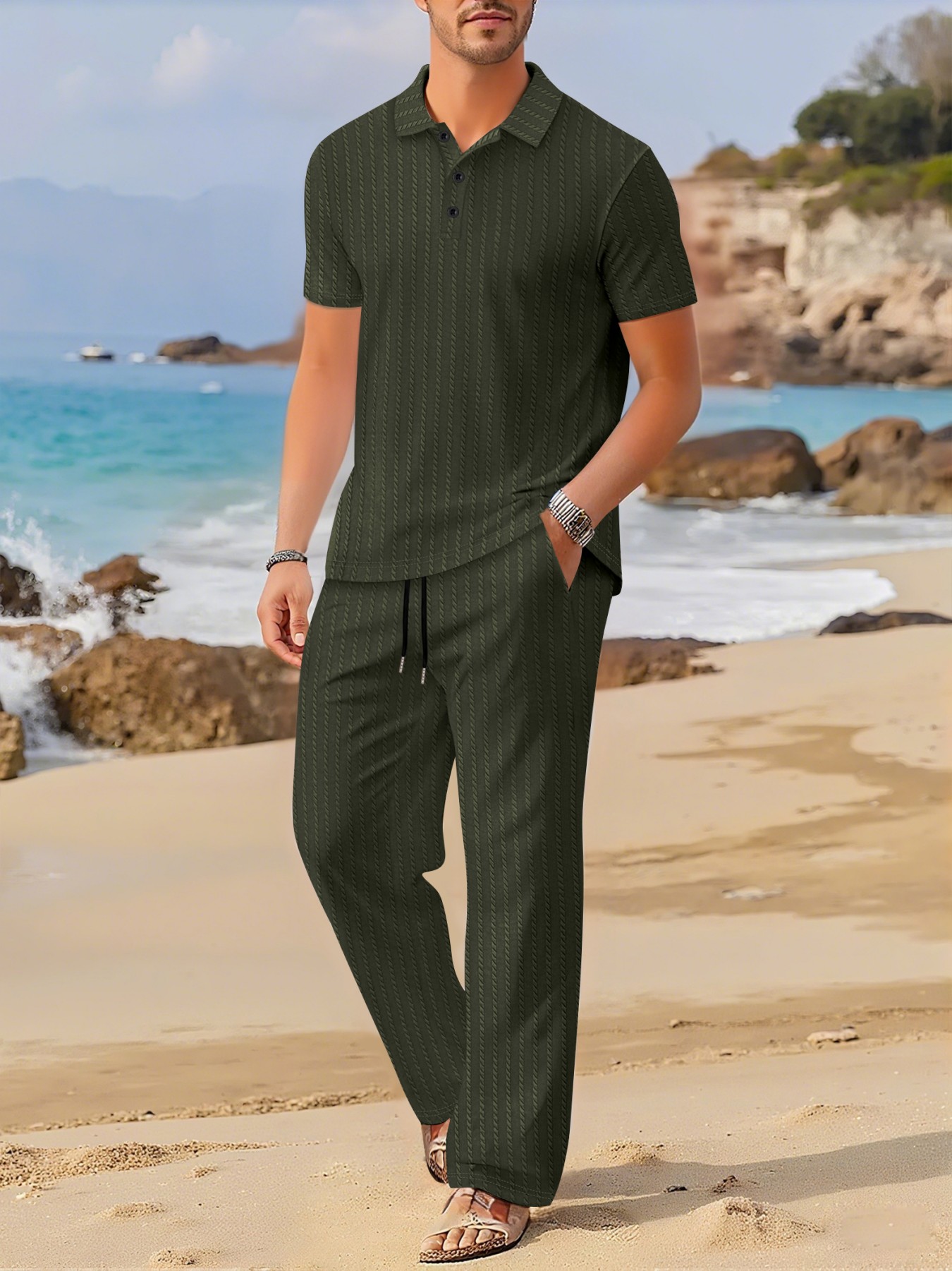 Summer Clothing Sets Men - Summer New Flip-Collar Short-Sleeve Long-Pants Set