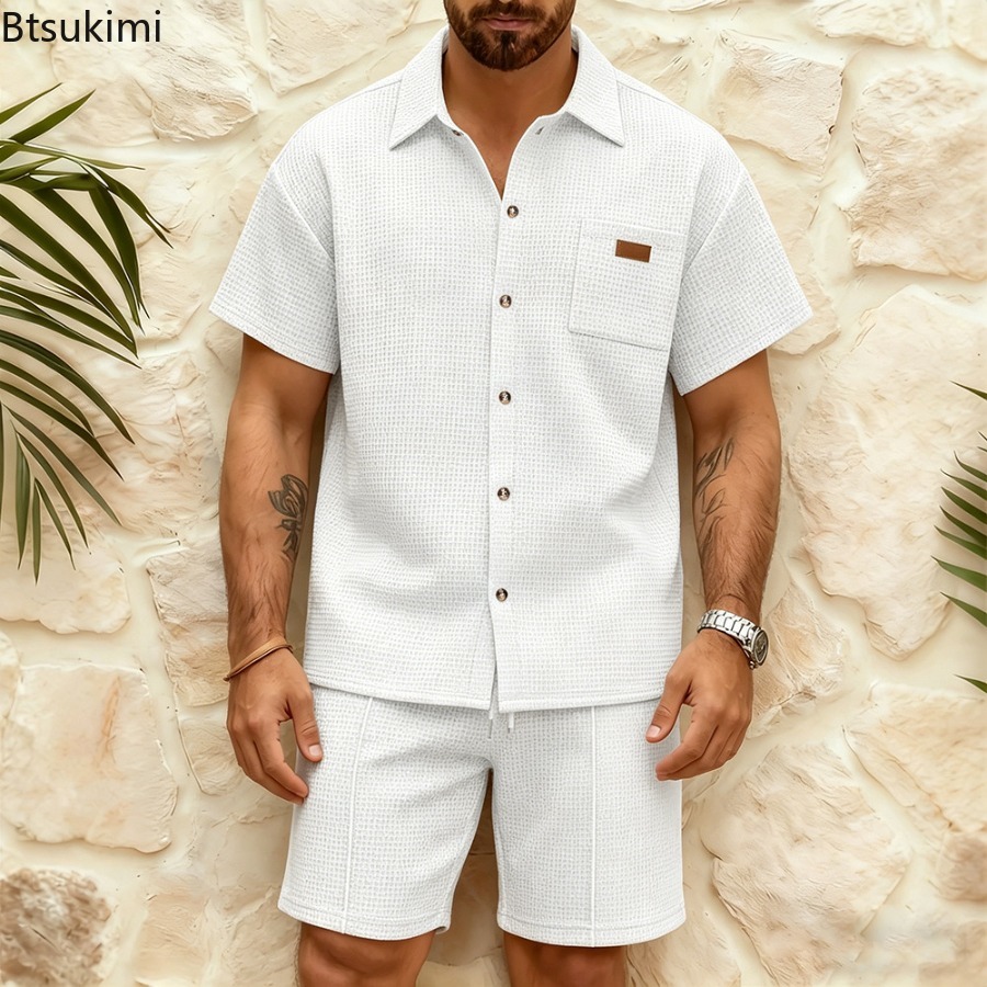 Summer Clothing Men Fashion - Men's Casual Waffle Solid Color Short