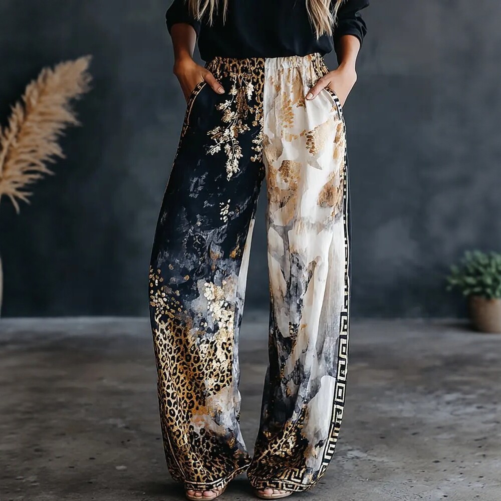 Palazzo Pant Wide - Women Color Block Leopard Print Wide