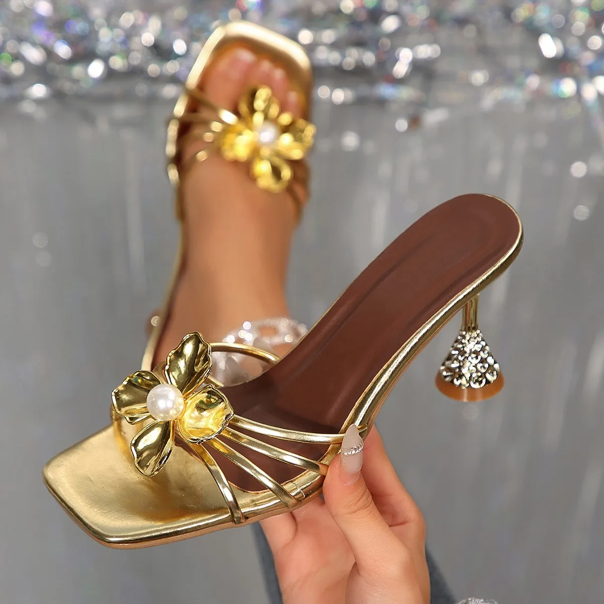 Summer Clothing Sale Women - Vintage Metal Flower Crystal Cone Heel