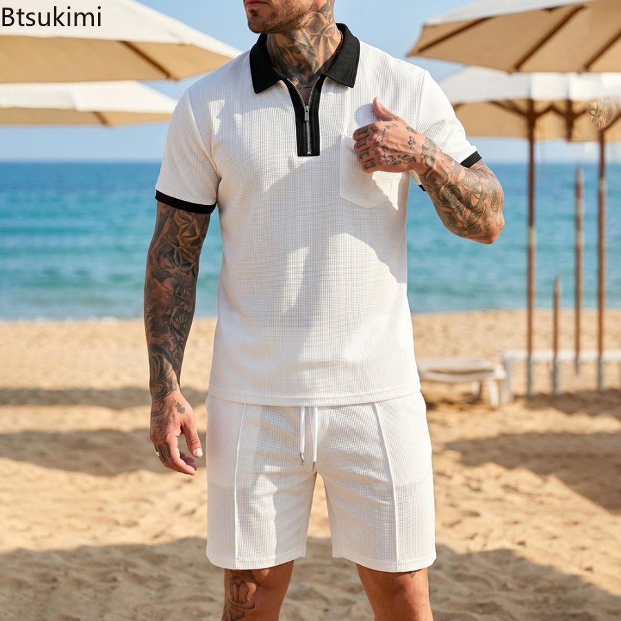 Mens Waffle Collar Polo Short  - Summer Clothing For A Beach recension och pris