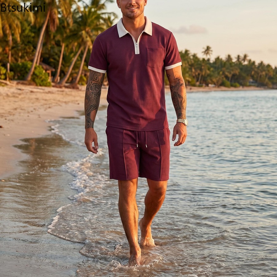 Mens Waffle Collar Polo Short  - Summer Clothing For A Beach recension och pris